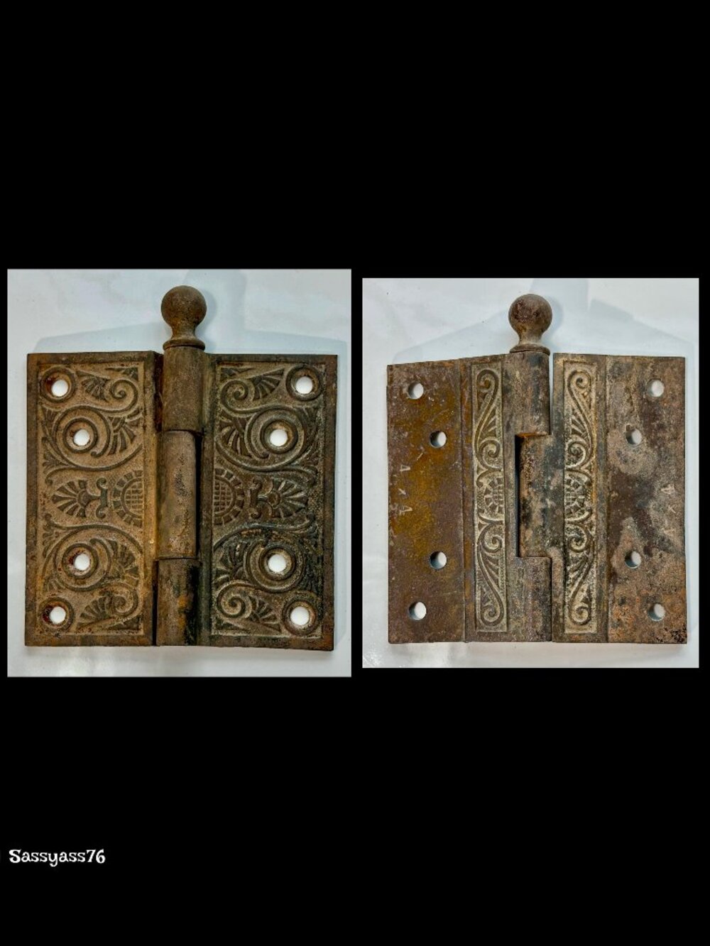 🆕ANTIQUE▪️Authentic Early 1900's Ornate 4"X4" Victorian Cast Iron Door Hinges - Picture 5 of 7